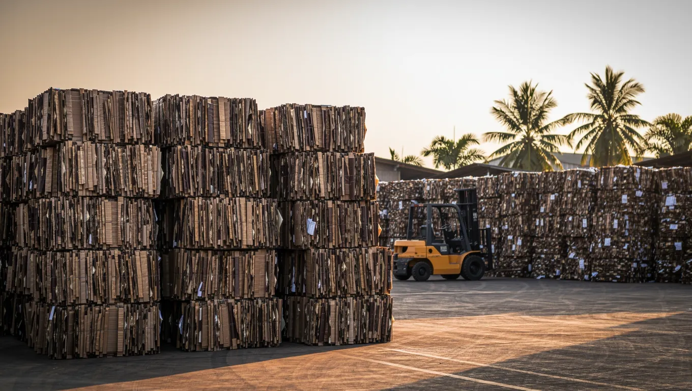 Bales of recovered corrugated cardboard in a recycling yard