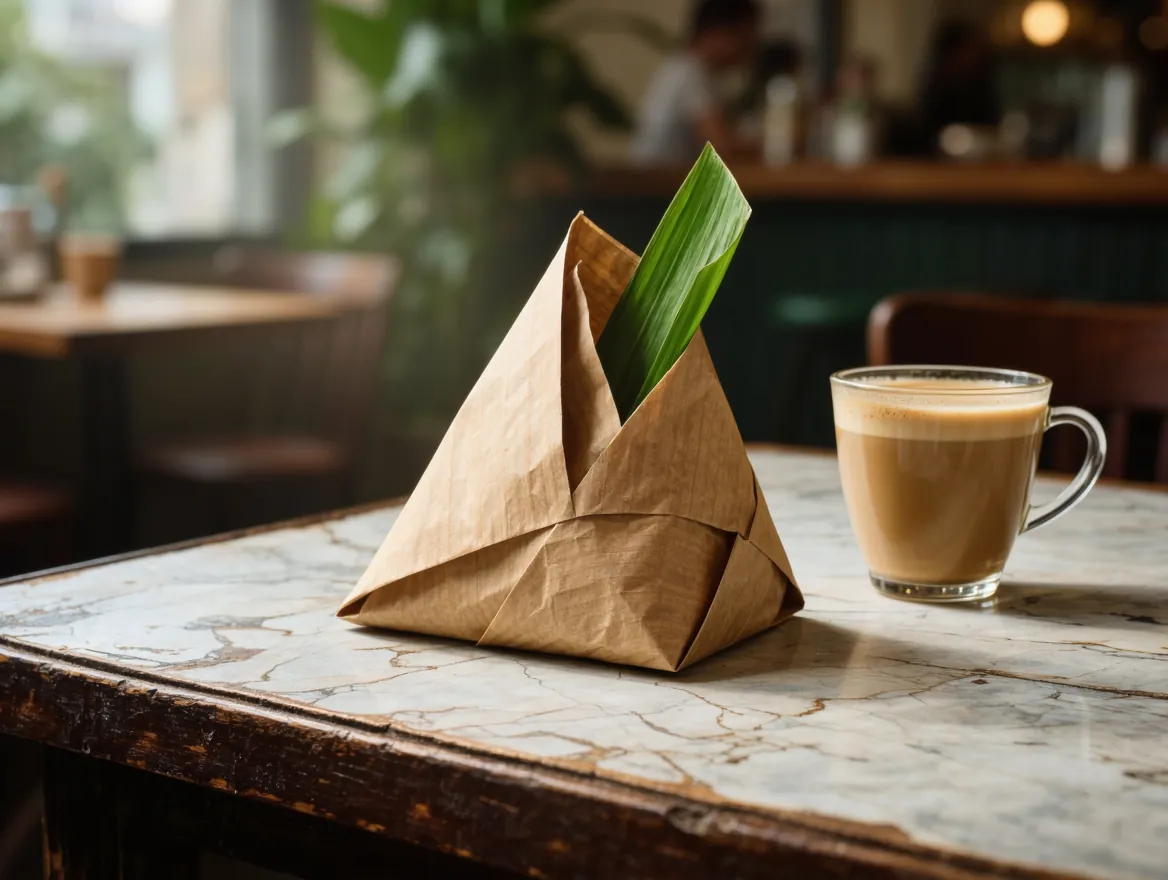 A nasi lemak bungkus wrapped in brown paper on a kopitiam table