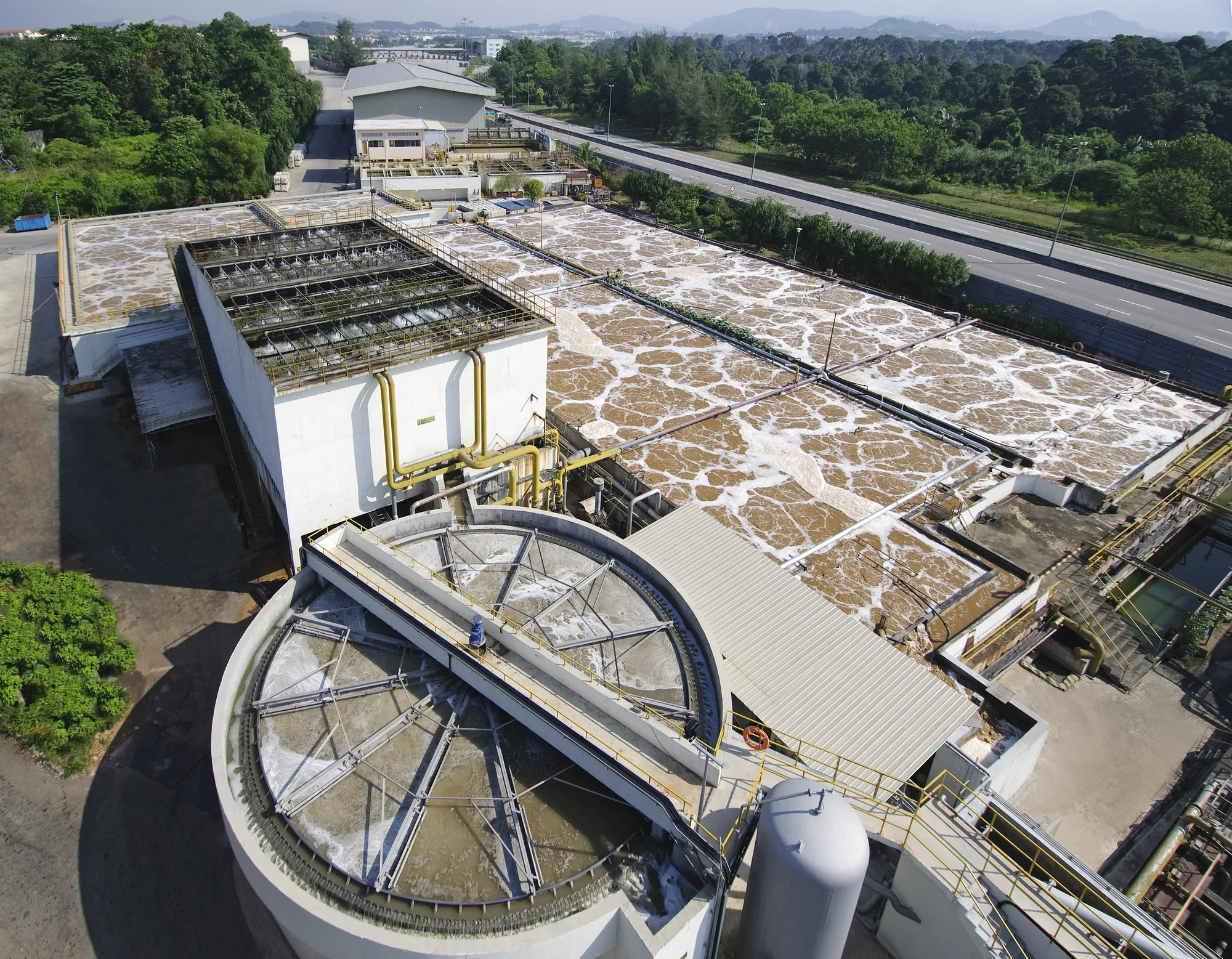 Biological effluent treatment plant at a Muda mill, aerial view